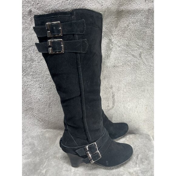 Vtg Naughty Monkey Women’s 10 Black Suede Leather Knee High Wedge Zip Boots - Picture 1 of 11